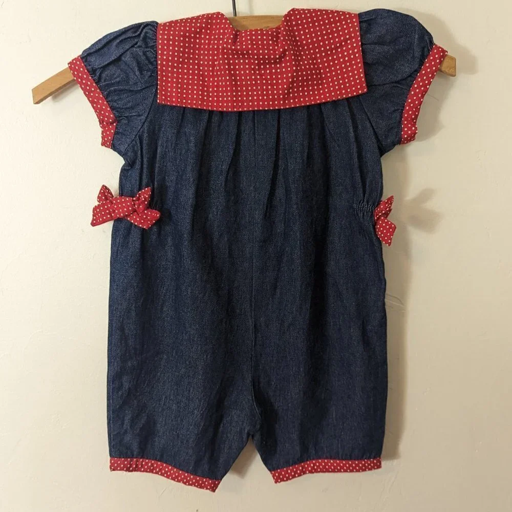 VTG One Piece Denim Puppy Dog Embroidered Sailor‎ Starting Out Baby 6 Months
